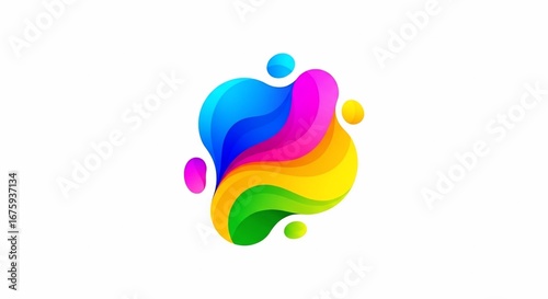 A vibrant, abstract, fluid splash of rainbow colors with smooth, flowing curves and small, rounded droplets against a clean white background, suggesting creativity and dynamism.