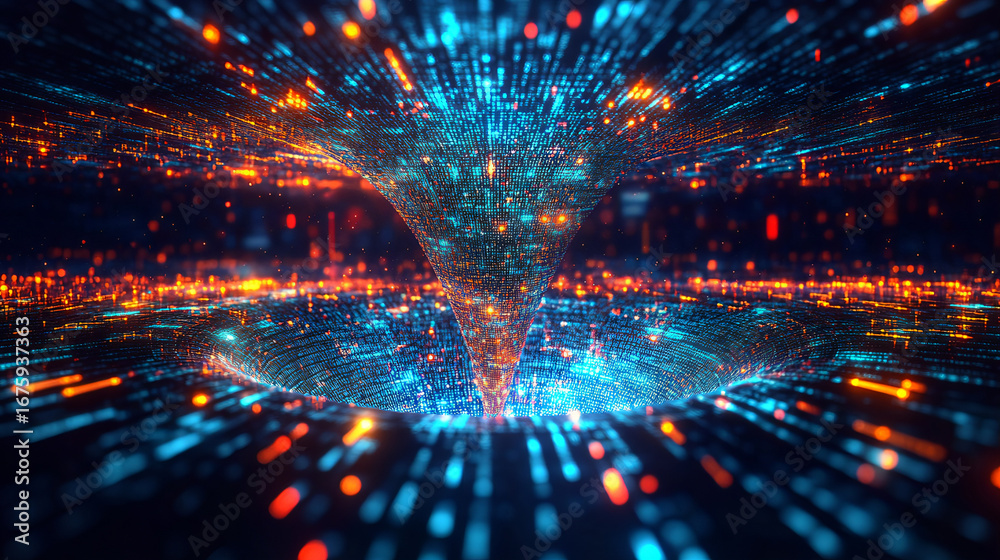 Fototapeta premium Abstract technology data tunnel with bright glowing particles, futuristic cyberspace vortex design for AI, quantum computing, blockchain, and digital network