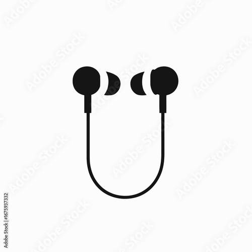 Stylish black in ear headphones on white background presented as simple silhouette