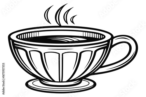 Steaming Cup of Coffee on Saucer with Decorative Fluted Sides drink