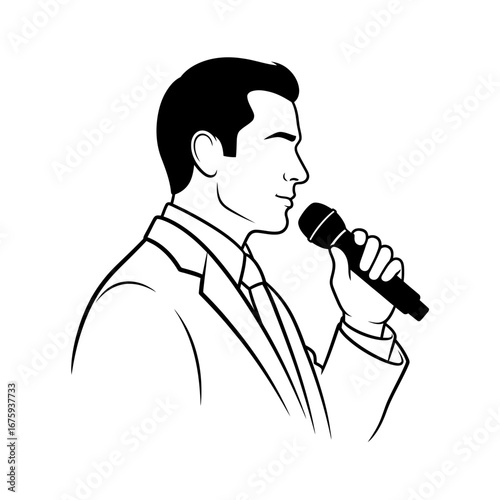 Confident businessman speaking passionately into microphone, delivering impactful presentation with professional poise and clear voice