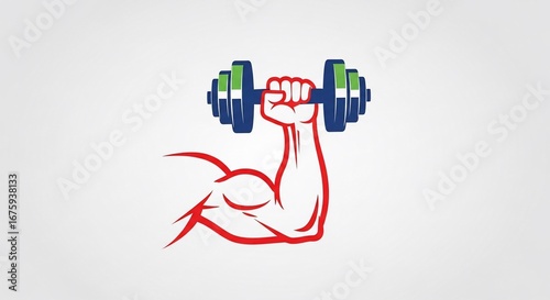 A stylized illustration of a muscular arm flexing while holding a colorful dumbbell, symbolizing strength and fitness.