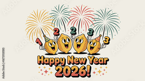 Four cheerful lemons celebrating New Year's Eve 2026 with festive hats, sparklers, and vibrant fireworks creating a joyful, celebratory atmosphere for holiday greetings and party designs