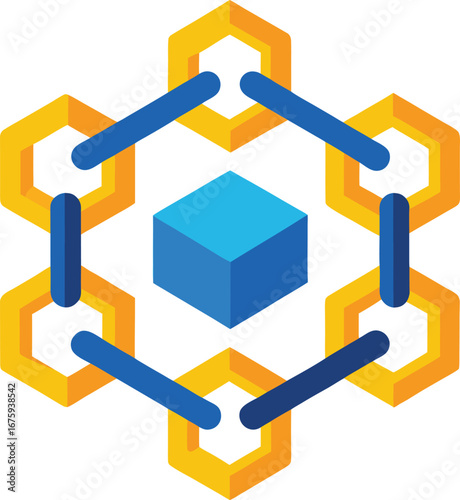 Vector art of abstract representation of a blockchain network with a central cube connected to hexagonal nodes via blue links, symbolizing data security and decentralized technology
