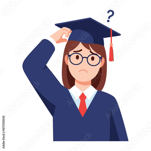 Academic Conundrum: A cartoon graduate, adorned in a cap and gown, wears an expression of deep thought.
