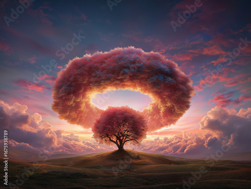 A powerful, full HD image of a fantastical tree of life on a rolling green landscape, its golden and crimson leaves collectively forming a colossal, shimmering doughnut-shaped cloud that hovers just a