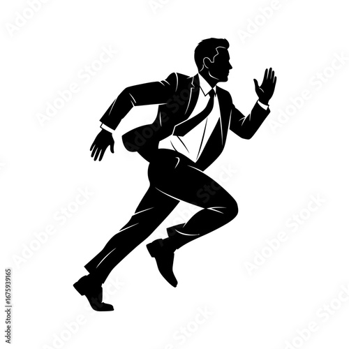 Dynamic businessman in sharp suit sprinting forward with energetic motion towards success and achievement.