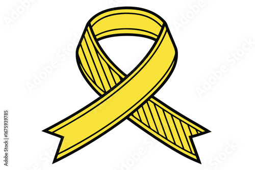 Yellow awareness ribbon with black outline and stripes on white support cause