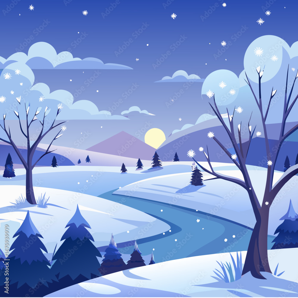 Fototapeta premium Magical winter landscape with snowfall moonlit trees and serene hills perfect for holiday designs