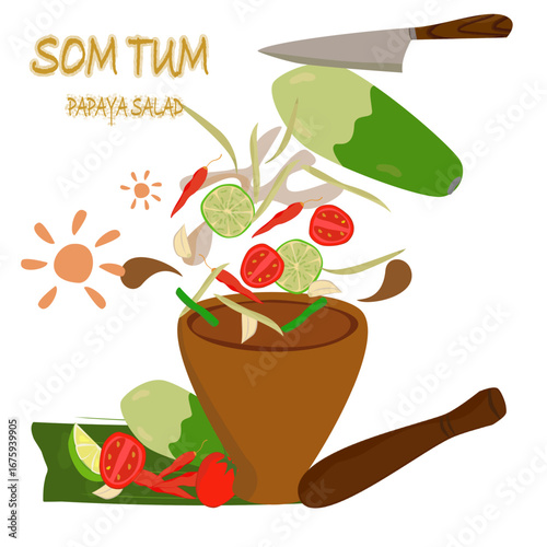 sThai papaya salad, spicy papaya salad, cooking illustration cartoon
แปลบทสนทนา