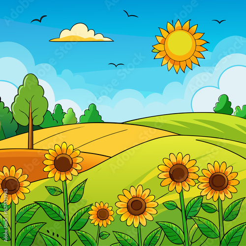 Vibrant summer landscape illustration with sunflowers and rolling hills in a sunny day