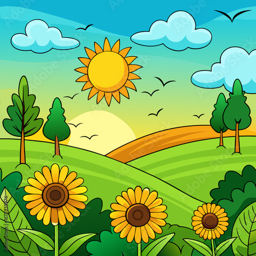Charming suburban neighborhood vector illustration with colorful houses and scenic road