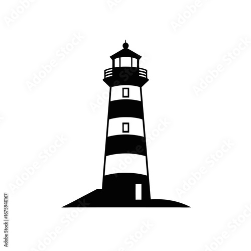 Bold black and white navigational lighthouse maritime safety icon silhouette