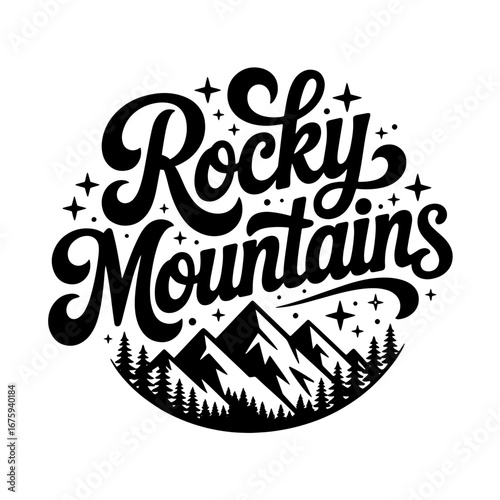 Rocky Mountains design featuring bold typography and scenic mountain illustration with trees in a circular layout
