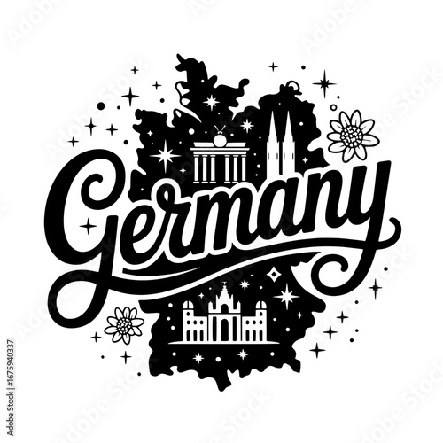 Artistic representation of Germany with iconic landmarks and floral elements in a black and white design