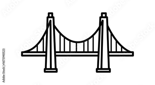 Simple black line art icon of a suspension bridge with two towers.