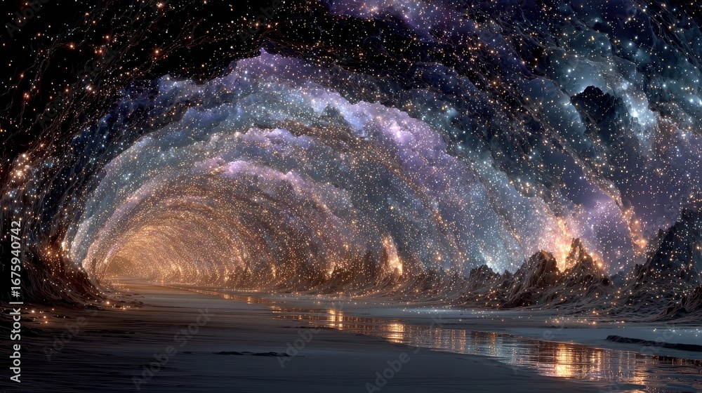 Naklejka premium Sci-fi concept of a spacetime tunnel connecting solar system to distant constellations glowing.