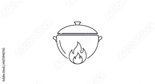 Line art illustration of a cooking pot over a flame.