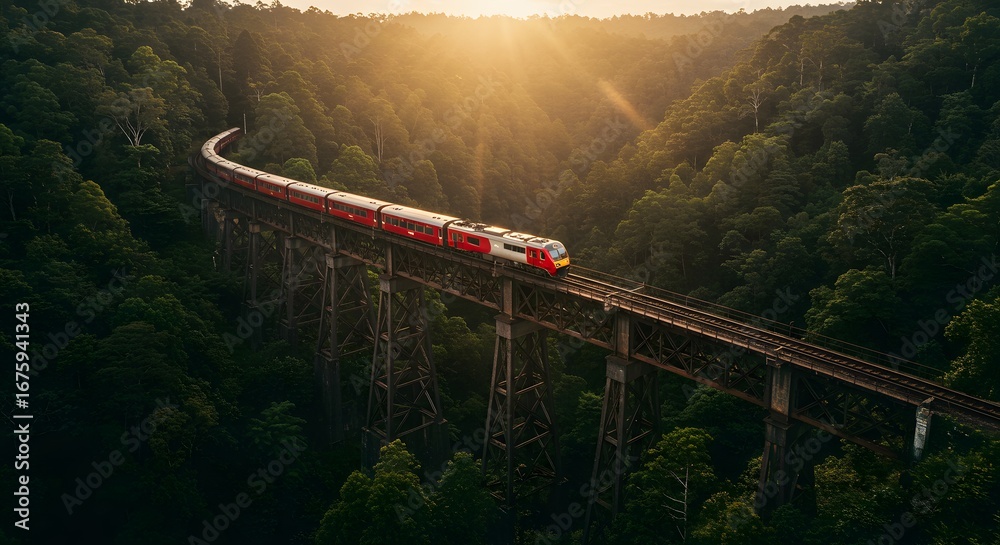 Fototapeta premium Scenic train journey across a trestle bridge in a lush green forest during sunset