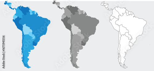 South America map set with proportional designs – colorful, black silhouette, and outline