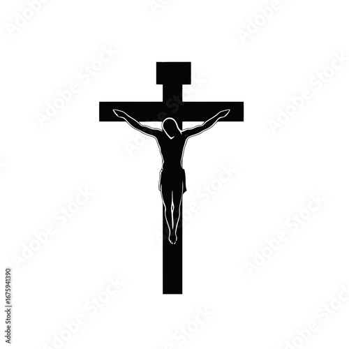Dark illustration of Jesus Christ crucifixion on a white background silhouette