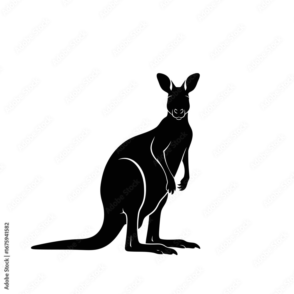 Obraz premium Elegant black silhouette of an Australian kangaroo standing tall, perfect for branding, wildlife education, or striking logo designs with a modern, clean aesthetic