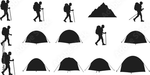 Hiker silhouette with backpack trekking, mountain exploration, camping tent, outdoor adventure, trekking poles, hiking, mountaineering, camping gear design.