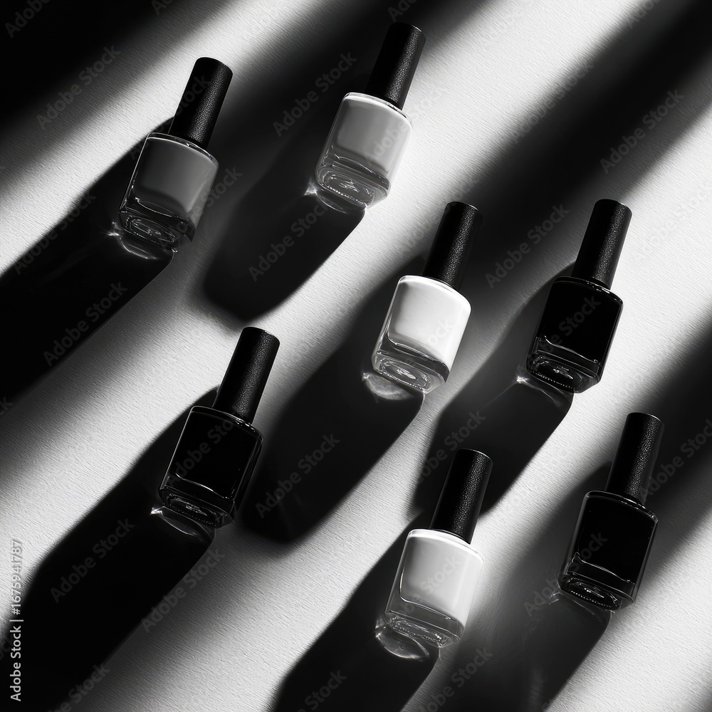 Obraz premium Monochrome Nail Polish Bottles - Geometric Shadows and Minimalist Beauty.