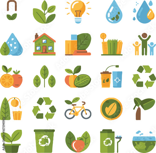 Eco friendly icons for sustainability and green living concepts energy environment