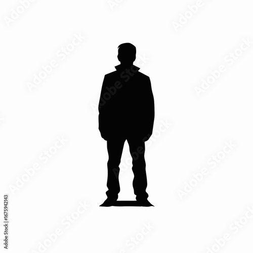 Isolated confident individual standing in bold monochrome, black jacket silhouette