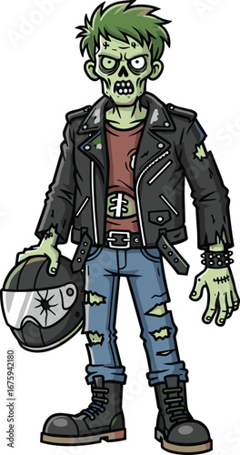 Zombie biker character vector, cartoon undead rider with cracked helmet and leather jacket, horror punk illustration, cad drawing flat vector illustration
