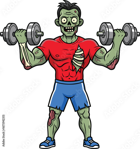 Zombie fitness character vector, cartoon undead lifter with dumbbells and torn gym clothes, horror workout illustration, cad drawing flat vector illustration