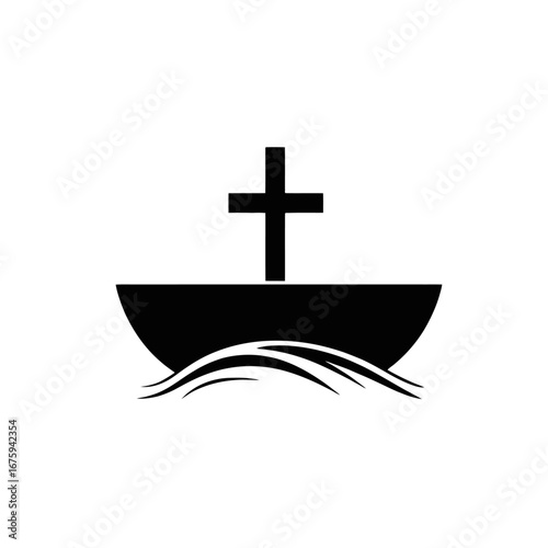 Religious vessel carrying faith, navigating life's turbulent waters, symbolic maritime silhouette