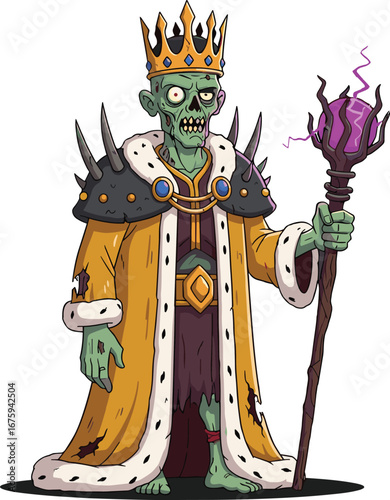 Zombie king character vector, cartoon undead royal with crown and staff, horror fantasy illustration, cad drawing flat vector illustration