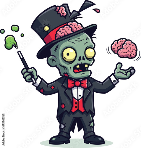Zombie magician character vector, cartoon undead wizard, exposed brain magic wand, horror fantasy illustration, spooky costume, cad drawing flat vector illustration