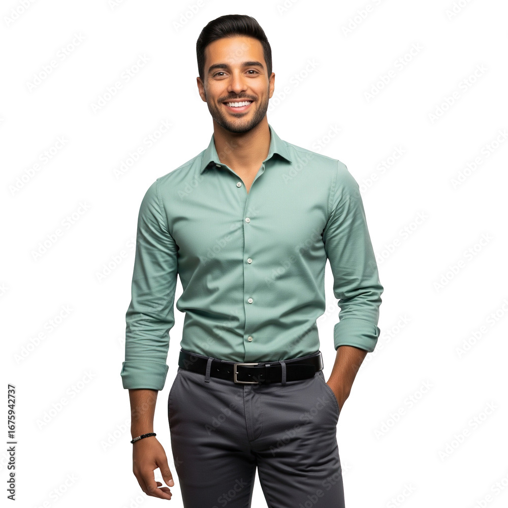 Fototapeta premium Businessman, green shirt, hand in pocket