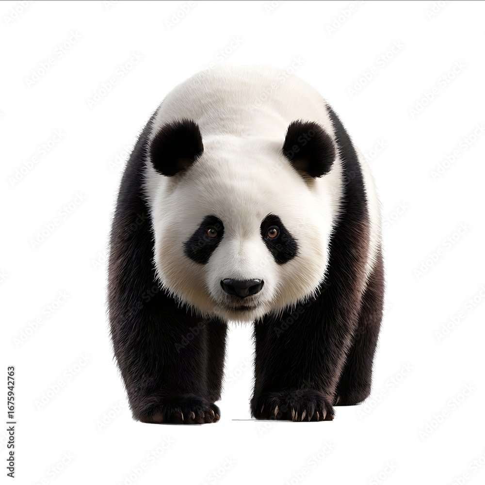Fototapeta premium Giant panda standing on the ground looking at the camera front view white background photorealistic style high resolution highly detailed