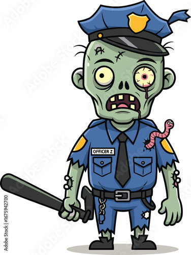 Zombie police officer character vector, cartoon undead cop with baton and torn uniform, horror law illustration, cad drawing flat vector illustration