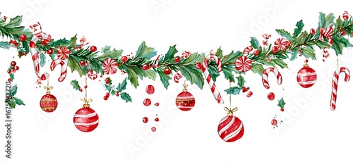 Christmas garland with candy canes, pine cones, and Christmas ornaments, watercolor illustration on a white background