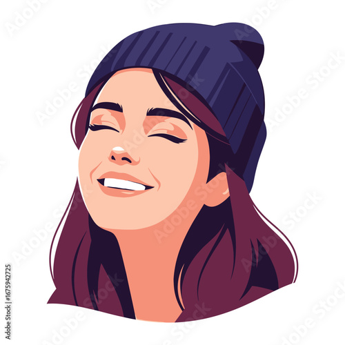 Serene Beauty: Smiling Young Woman: A cheerful, youthful woman with a serene smile, hair, and trendy beanie exudes positivity and contentment.
