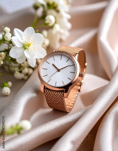 Elegant minimalist rose gold wristwatch with a white dial on a soft silk background with flowers