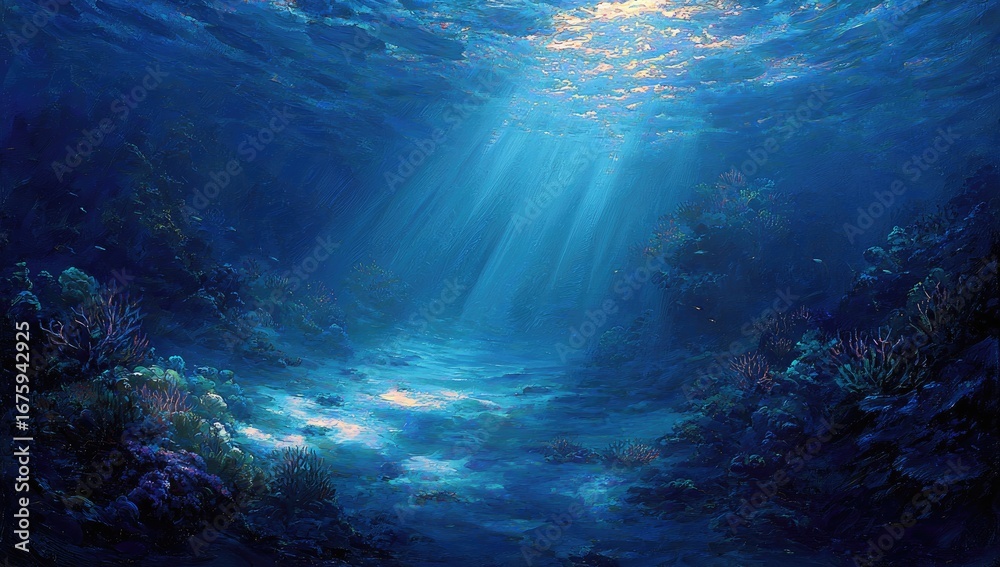 Fototapeta premium Underwater coral reef, sunbeams piercing dark blue depths