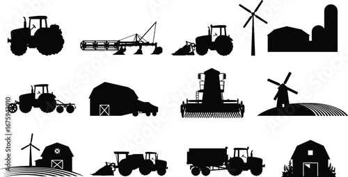 Farming Equipment Silhouettes, Tractor, Windmill, Barn, Harvester, Agricultural Tools, Farming Machinery, Rural Industry, Harvesting, Cultivation, Farming Technology