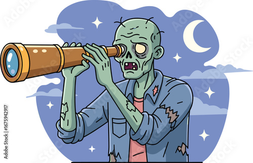 Zombie stargazer character vector, cartoon undead figure with telescope under night sky, horror curiosity illustration, cad drawing flat vector illustration