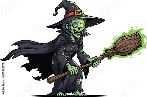 Zombie witch character vector, cartoon undead sorceress with broomstick, horror fantasy illustration, green skin, cad drawing flat vector illustration