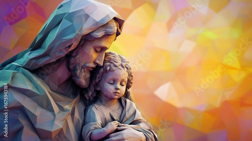 Abstract depiction of saint joseph holding baby jesus with soft lighting and polygonal art style