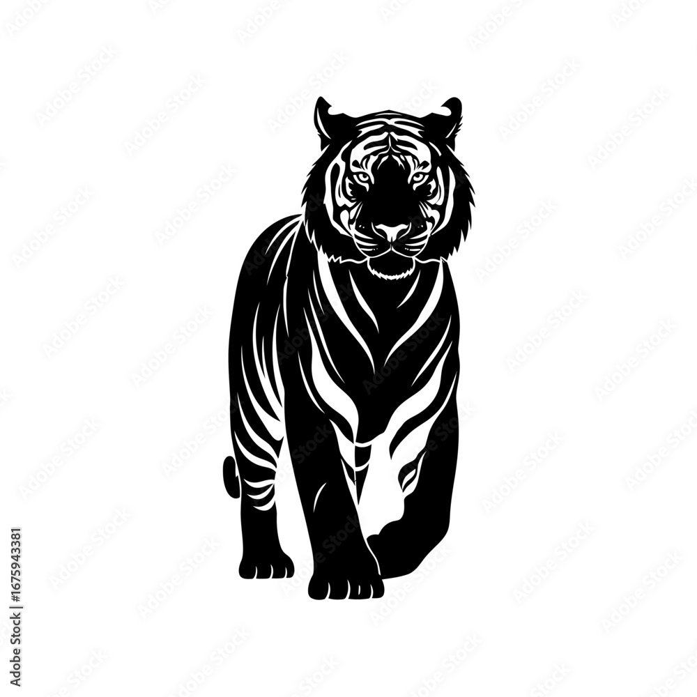 Obraz premium Powerful tiger prowling forward in striking black and white design, perfect for bold branding, wildlife projects, and impactful graphic applications