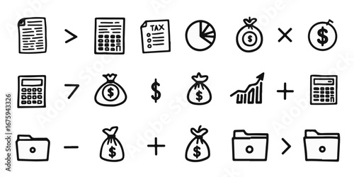 Silhouette Icon Set of Tax season finance including tax forms, calculators, pie charts, money bags, and filing folders icons