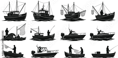 Fishing boats, anglers, fishing nets, boat fishing, ocean, maritime activity, boat fishing silhouette, fishery, fishermen working, fishing trip at sea, boat on water
