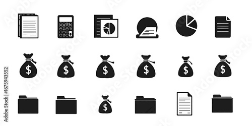 Silhouette Icon Set of Tax season finance including tax forms, calculators, pie charts, money bags, and filing folders icons